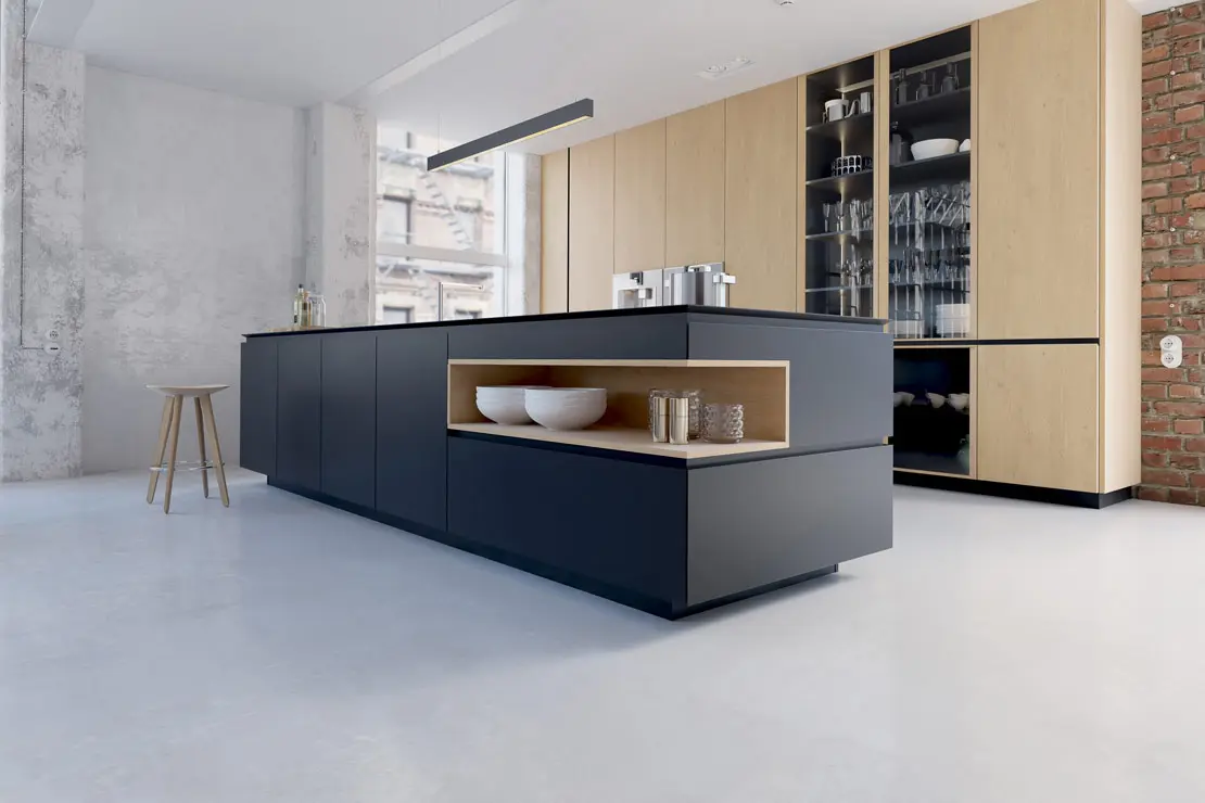 Pavimento de microcemento en cocina contemporánea y opulenta. Pavimento de microcemento en cocina contemporánea y opulenta.
